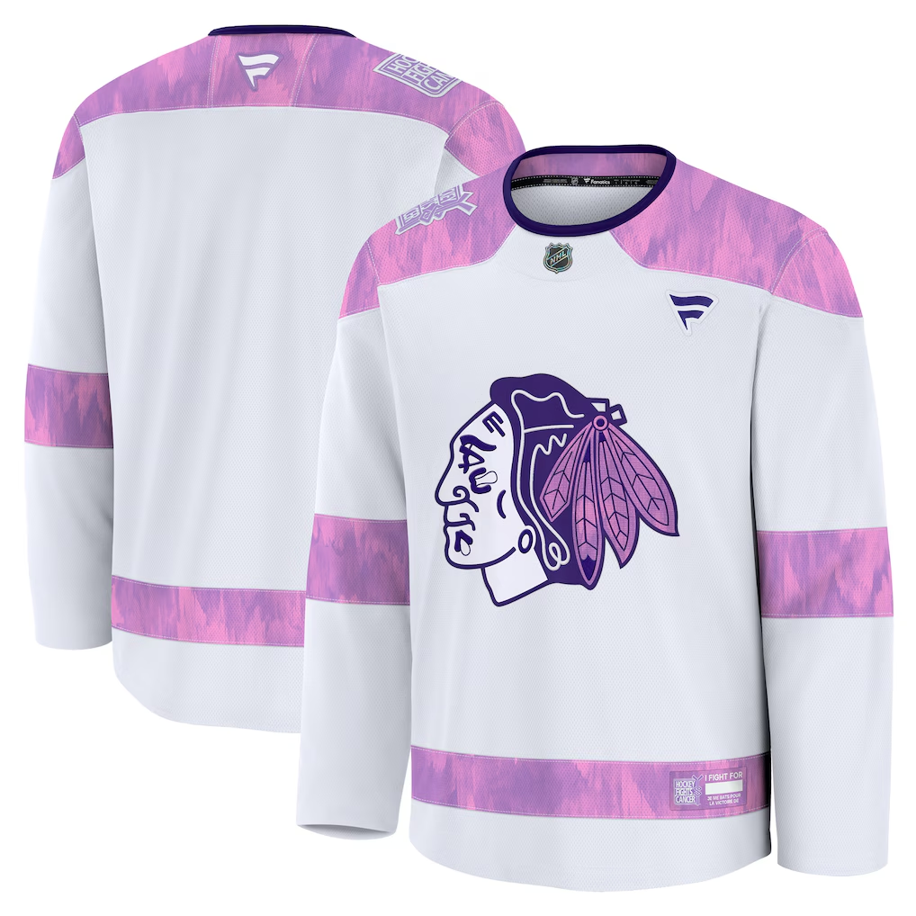 Men's Chicago Blackhawks Fanatics White Purple 2024 Hockey Fights Cancer Practice Blank Jersey