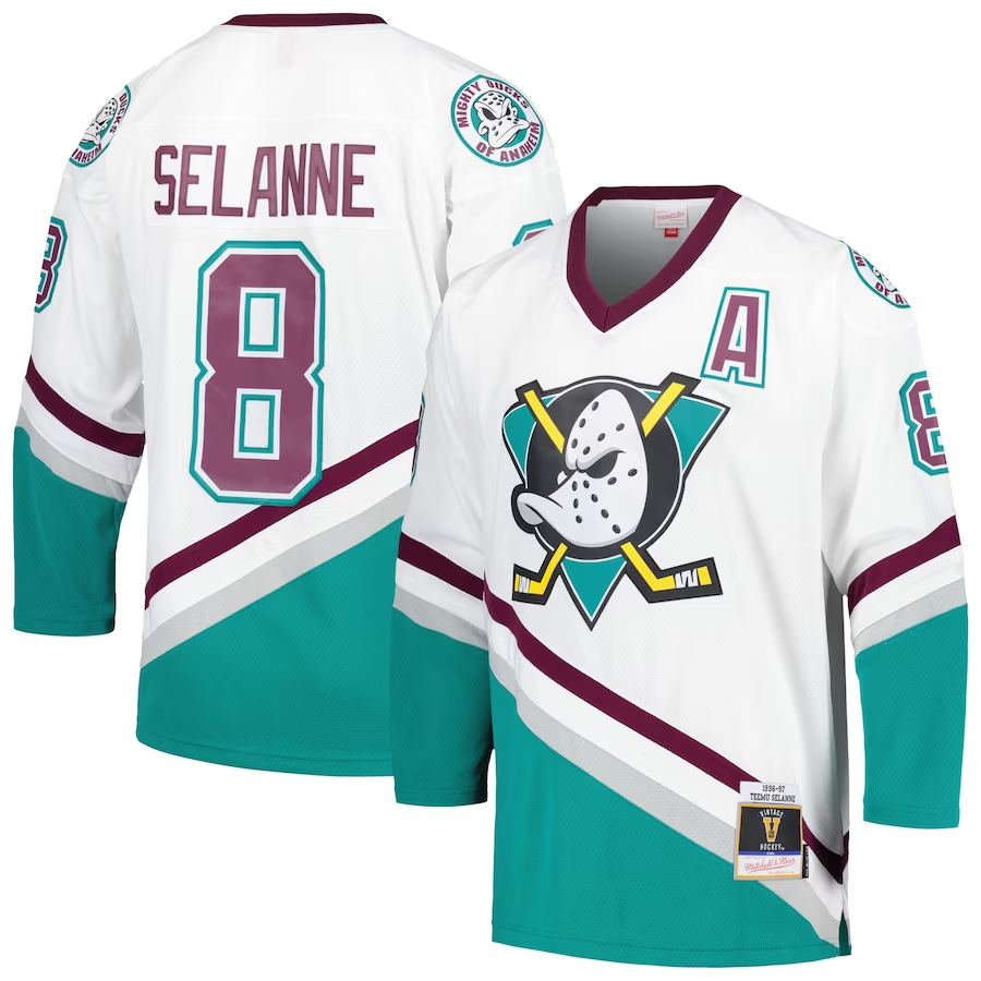 Men's Anaheim Ducks Teemu Selanne Mitchell Ness White 1996/97 Blue Line Player Jersey