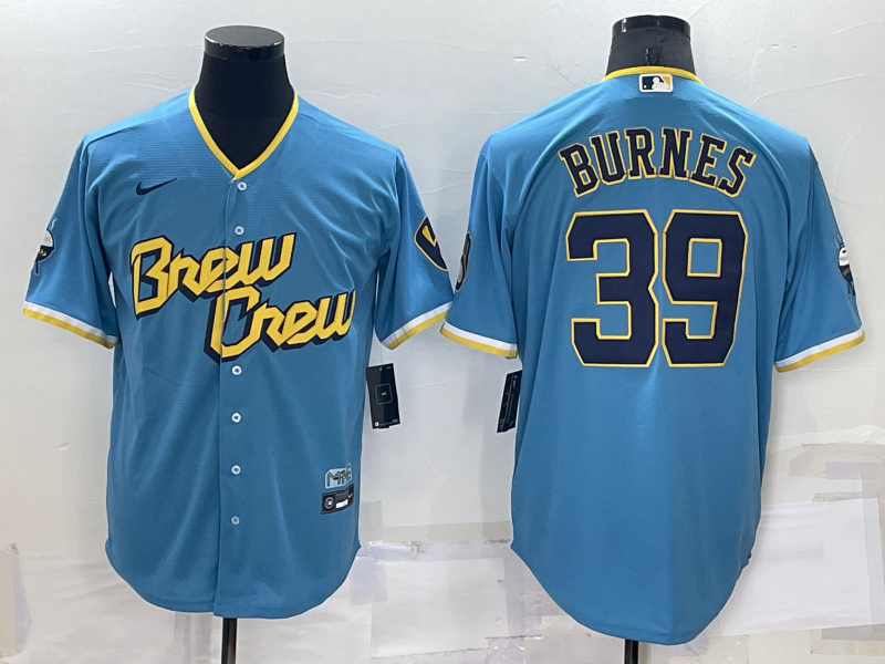 Men's Milwaukee Brewers Corbin Burnes Blue Stitched Jersey