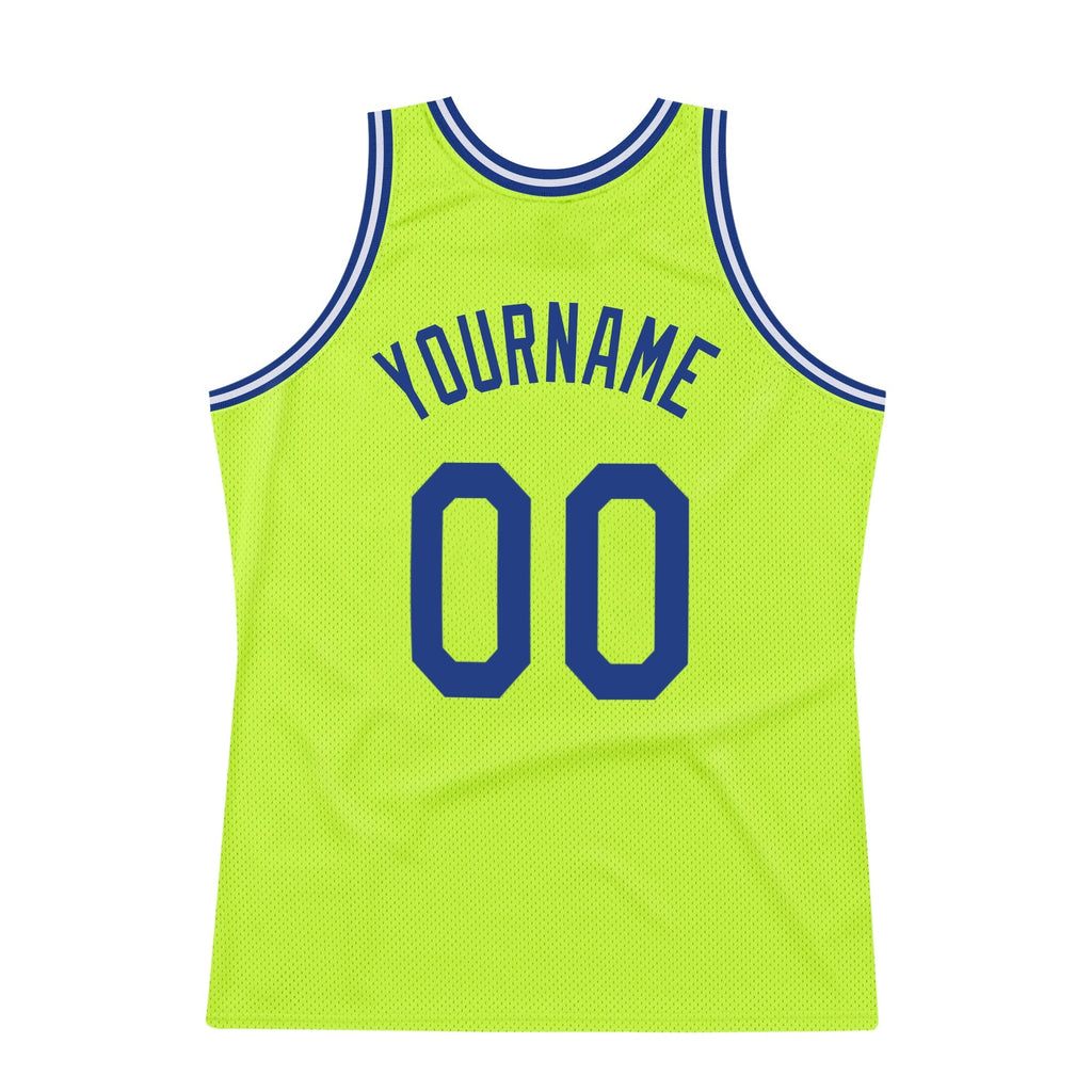 Custom Neon Green Royal-White Authentic Throwback Basketball Jersey